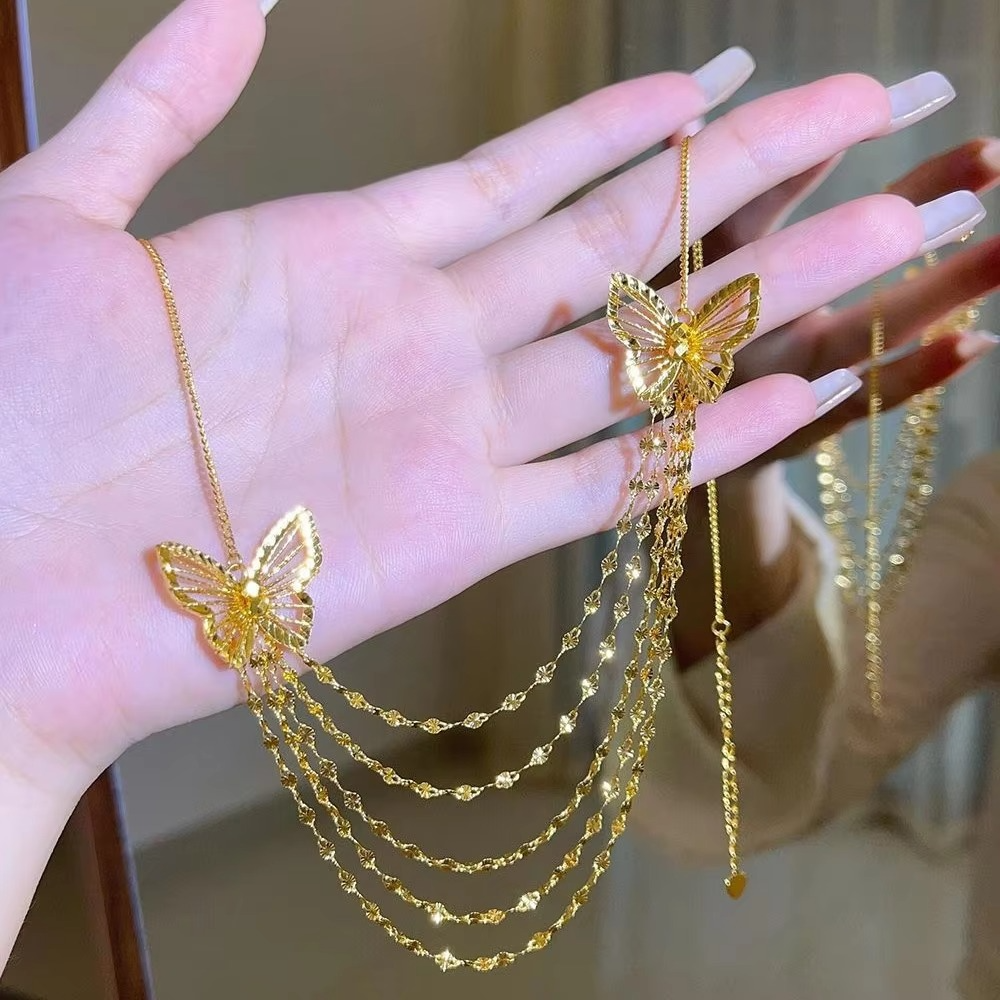 24K real gold hollow butterfly lace tassel necklace for women 9999 light luxury niche fashion high-end collarbone chain