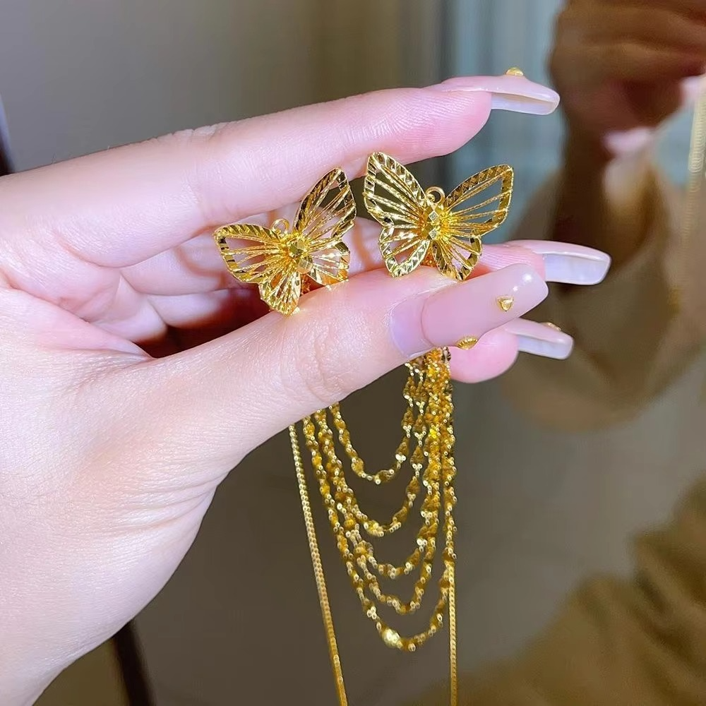 24K real gold hollow butterfly lace tassel necklace for women 9999 light luxury niche fashion high-end collarbone chain