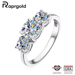 RAPRGOLD 925 Silver Ladies Fashion Engagement Rings Round Cut 6.5mm/8mm Moissanite Three Stone Ring for Women Wedding Jewelry