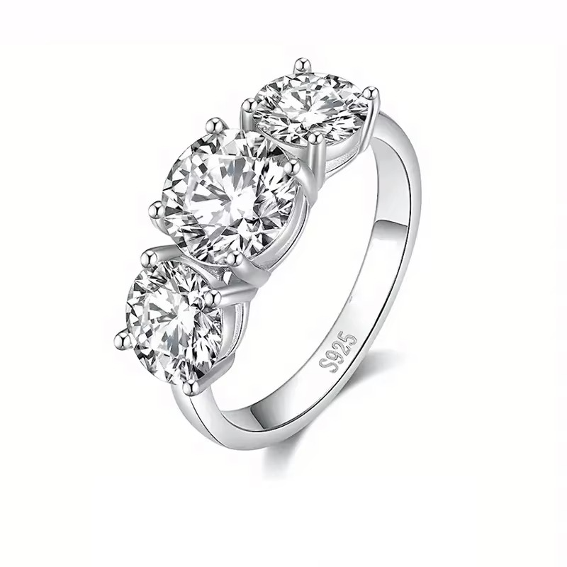 RAPRGOLD 925 Silver Ladies Fashion Engagement Rings Round Cut 6.5mm/8mm Moissanite Three Stone Ring for Women Wedding Jewelry