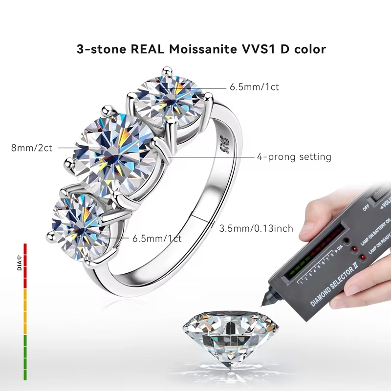 RAPRGOLD 925 Silver Ladies Fashion Engagement Rings Round Cut 6.5mm/8mm Moissanite Three Stone Ring for Women Wedding Jewelry