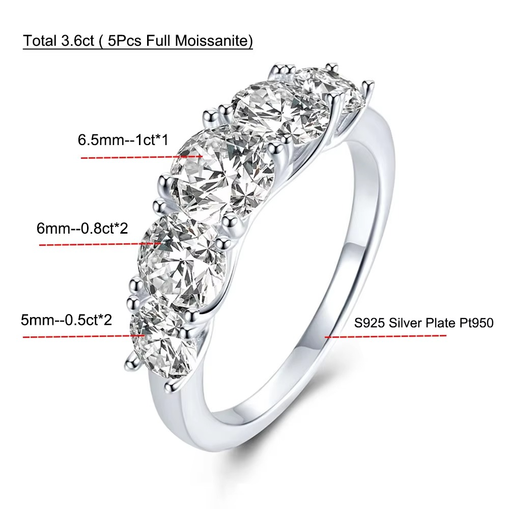 3.6ct 5 Stones D Color VVS1 Moissanite Diamond Rings Women Anniversary Gift S925 Sterling Silver Row Ring Wedding Bridal Jewelry