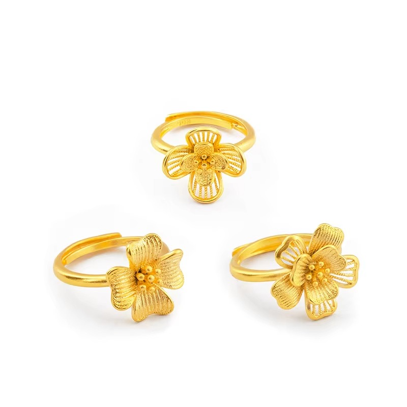 9999 real gold 24K yellow gold High-grade Light Luxury Ancient Open Flower Ring