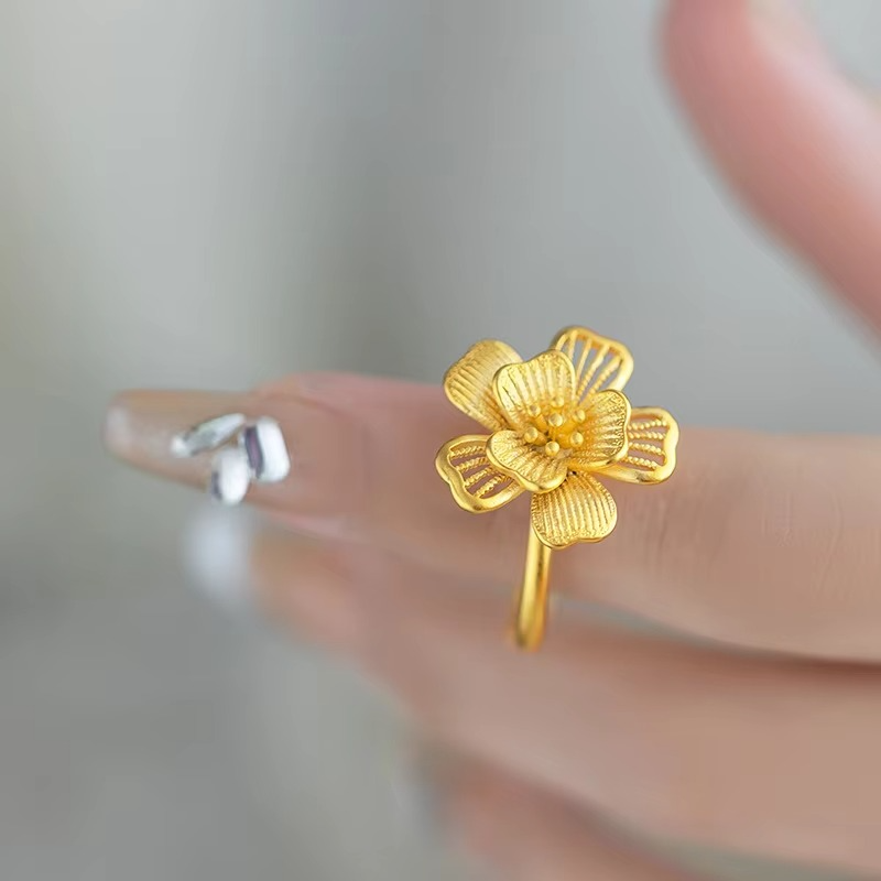 9999 real gold 24K yellow gold High-grade Light Luxury Ancient Open Flower Ring