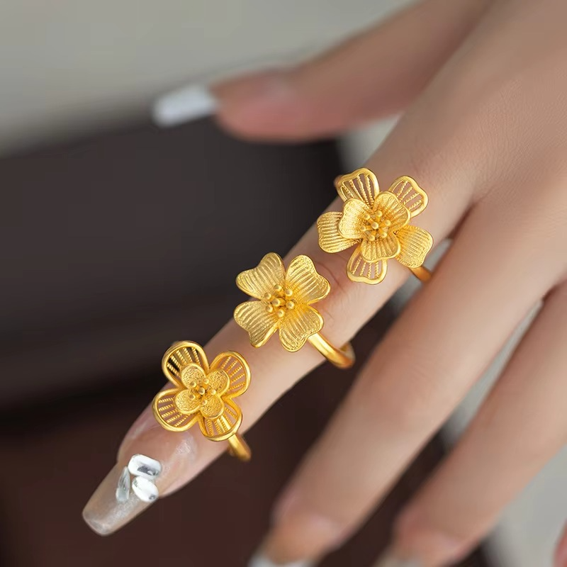 9999 real gold 24K yellow gold High-grade Light Luxury Ancient Open Flower Ring