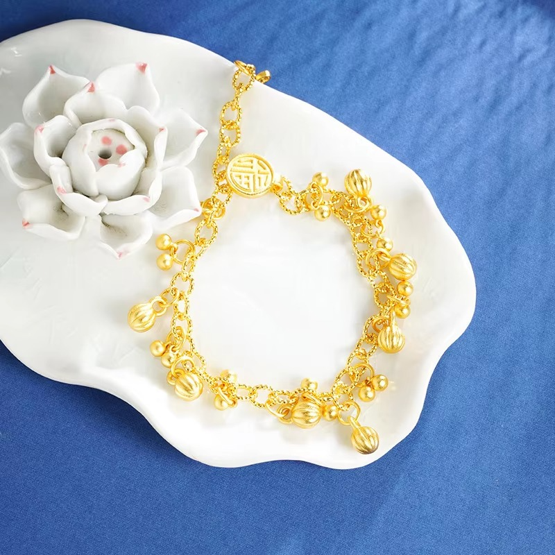 Luxury 24K 9999 Pure Gold Pumpkin Bracelet Blessed Chinese Style Vintage Personalized Light Luxury Women's Bracelet