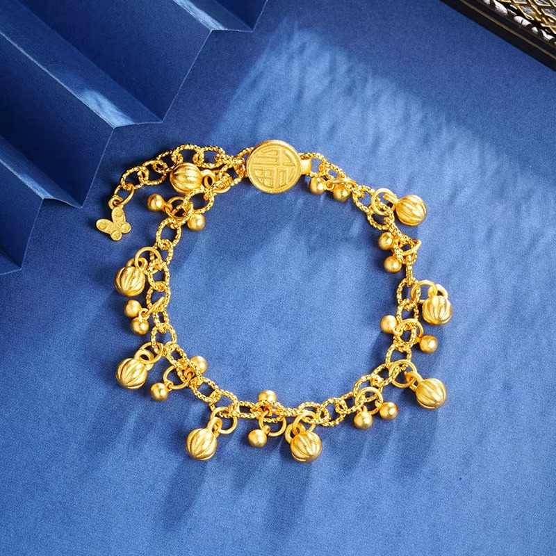 Luxury 24K 9999 Pure Gold Pumpkin Bracelet Blessed Chinese Style Vintage Personalized Light Luxury Women's Bracelet