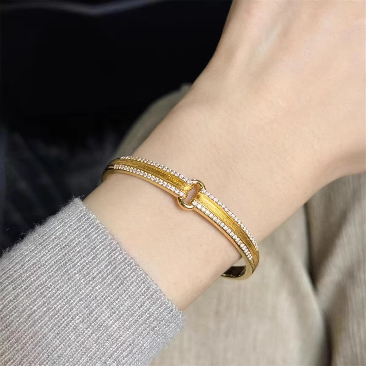 9999 24K real gold bracelet light luxury women's diamond-inlaid double ring ancient style personalized versatile bracelet