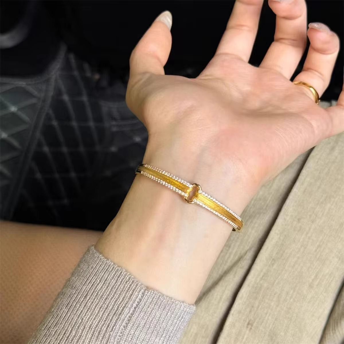 9999 24K real gold bracelet light luxury women's diamond-inlaid double ring ancient style personalized versatile bracelet