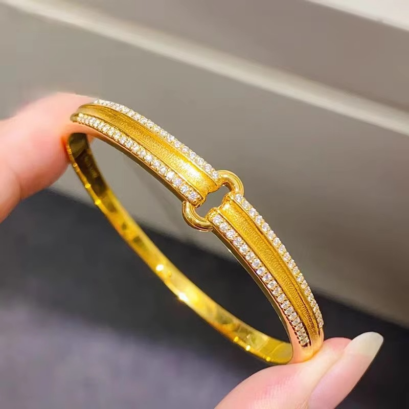 9999 24K real gold bracelet light luxury women's diamond-inlaid double ring ancient style personalized versatile bracelet