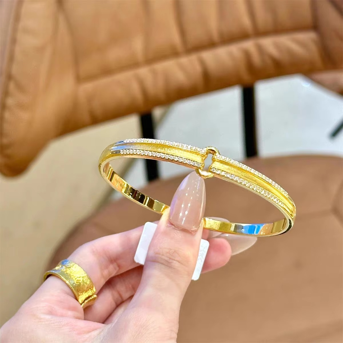 9999 24K real gold bracelet light luxury women's diamond-inlaid double ring ancient style personalized versatile bracelet