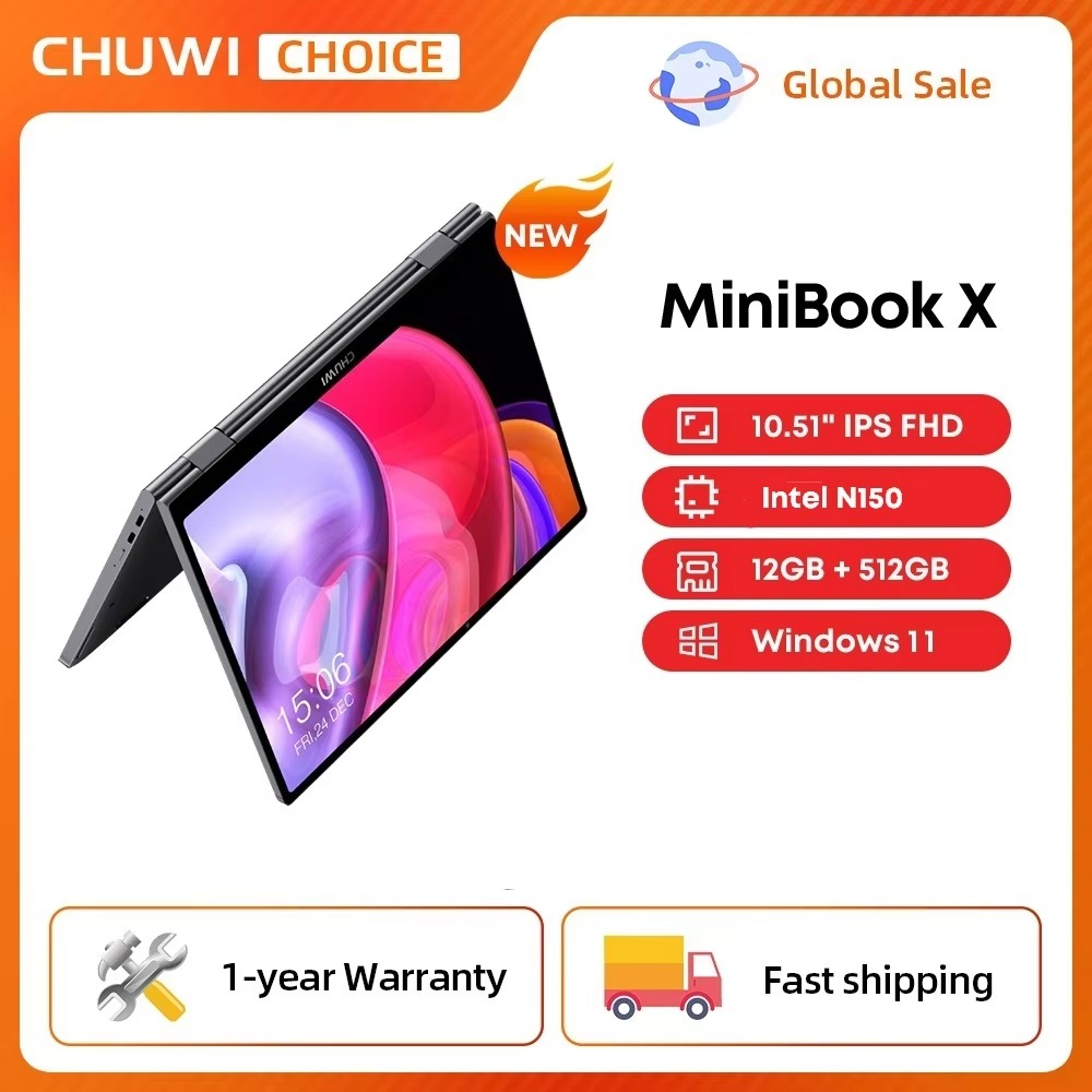 HUWI MiniBook X Laptop Tablet 2 In 1 Intel N150 CPU 10.51" FHD IPS Screen 12GB LPDDR5 512G SSD Windows 11 Notebook 1200*1920