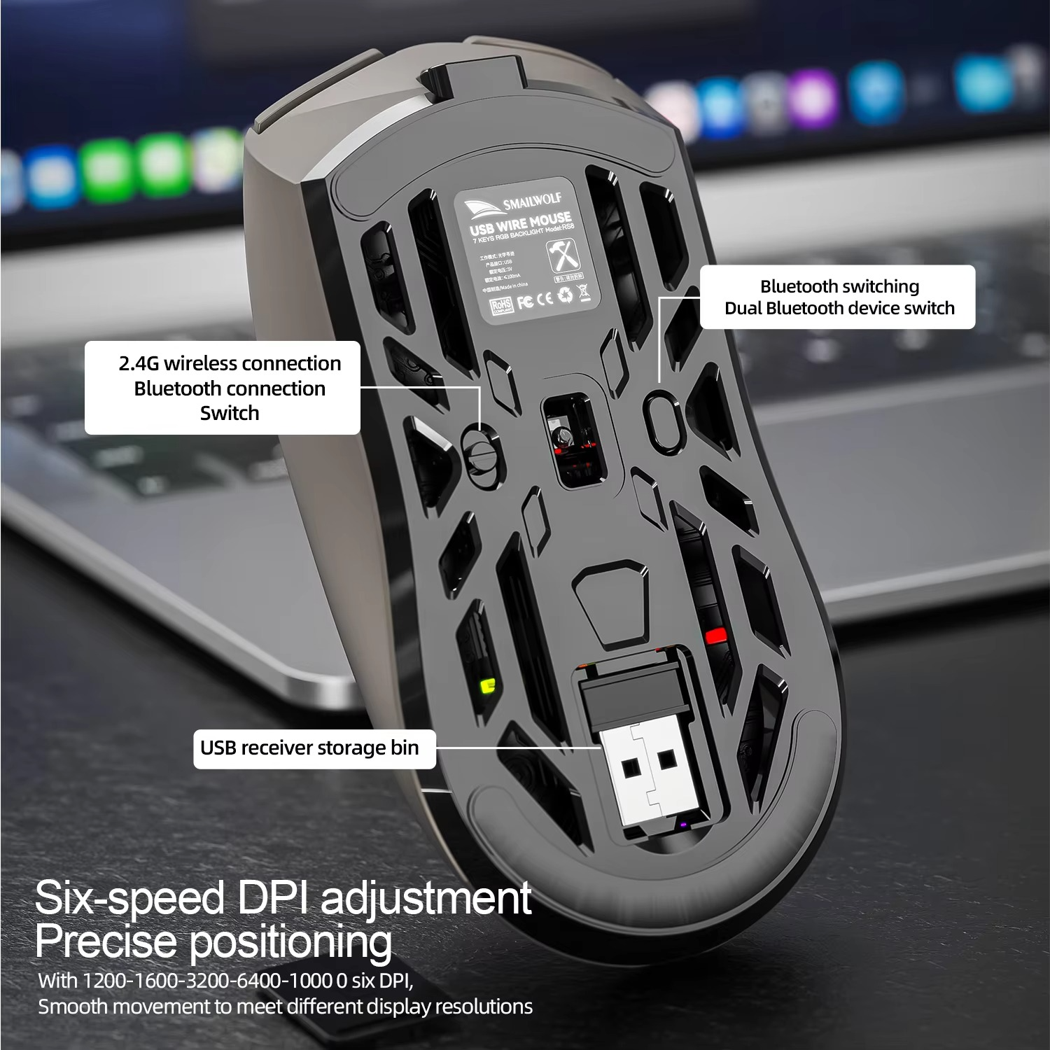 SMAILWOLF RS8 1000Hz Bluetooth mouse, 10000dpi, three-mode connection, lightweight macro gaming mouse notebook computer