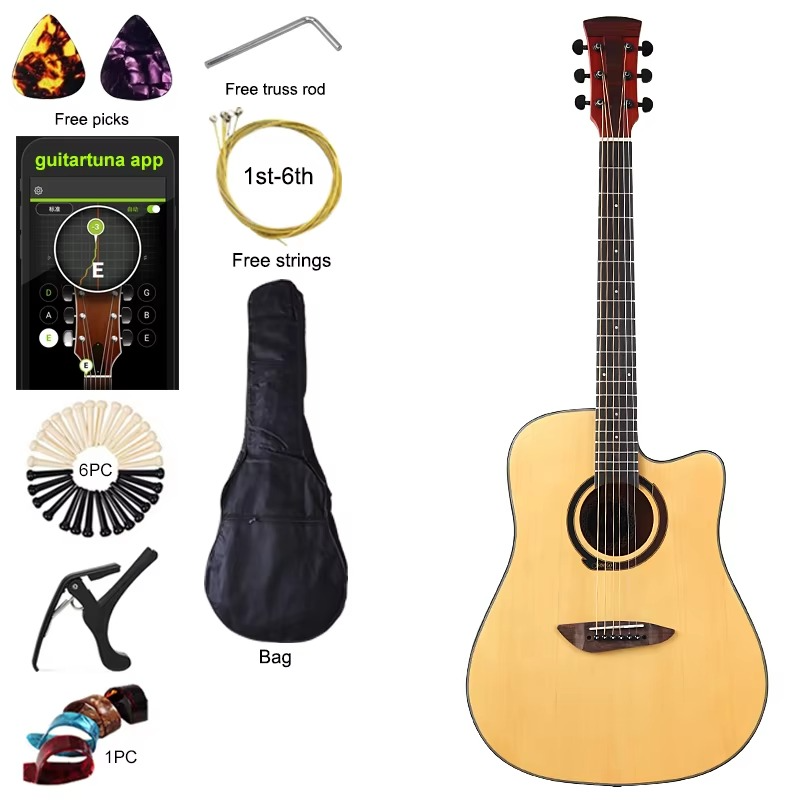 41 Inch Acoustic Guitar 6 String Folk Guitar Natural Color Cutaway Design Matte Finish Spruce Wood Top