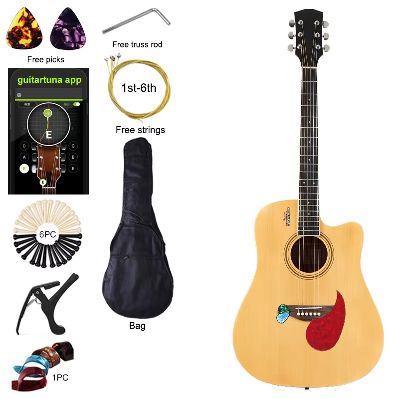 41 Inch Acoustic Guitar 6 String Folk Guitar Natural Color Cutaway Design Matte Finish Spruce Wood Top