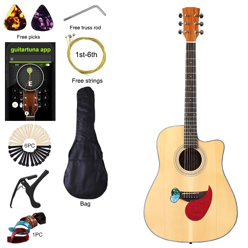 41 Inch Acoustic Guitar 6 String Folk Guitar Natural Color Cutaway Design Matte Finish Spruce Wood Top
