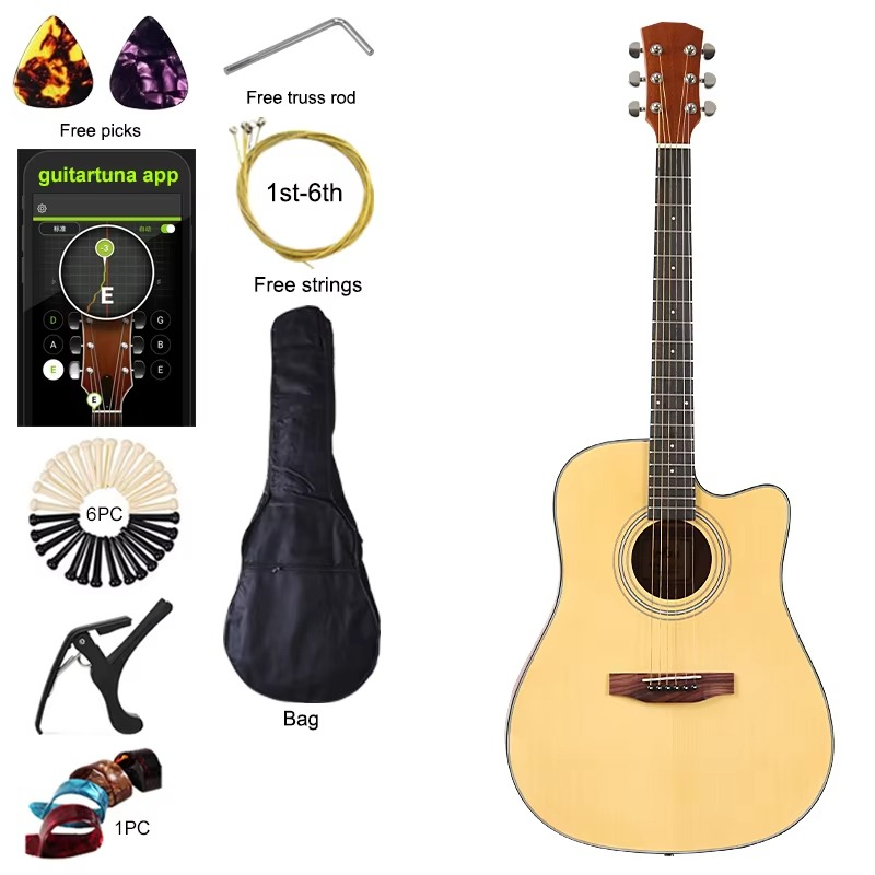 41 Inch Acoustic Guitar 6 String Folk Guitar Natural Color Cutaway Design Matte Finish Spruce Wood Top