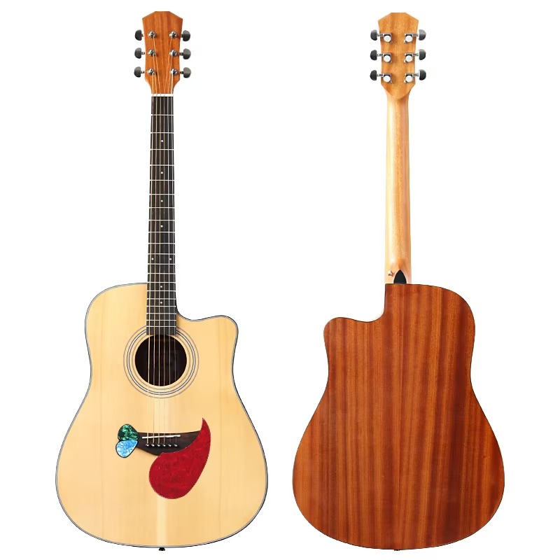41 Inch Acoustic Guitar 6 String Folk Guitar Natural Color Cutaway Design Matte Finish Spruce Wood Top