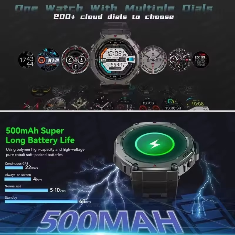 T-Rex 3 Built-in Dual-band GPS Military SmartWatch Men Compass Altimeter Barometric 10ATM&IP69K Waterproof 170+ Sport Smartwatch