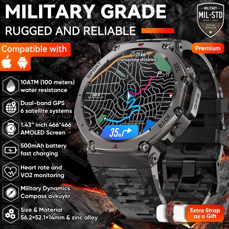T-Rex 3 Built-in Dual-band GPS Military SmartWatch Men Compass Altimeter Barometric 10ATM&IP69K Waterproof 170+ Sport Smartwatch