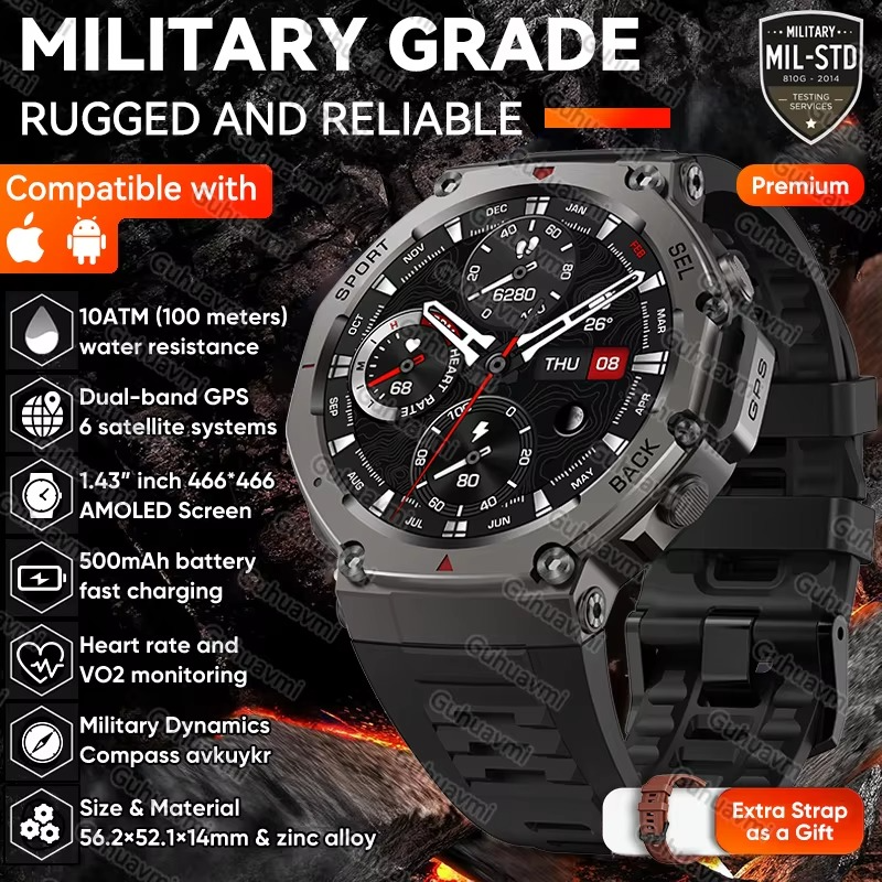 T-Rex 3 Built-in Dual-band GPS Military SmartWatch Men Compass Altimeter Barometric 10ATM&IP69K Waterproof 170+ Sport Smartwatch