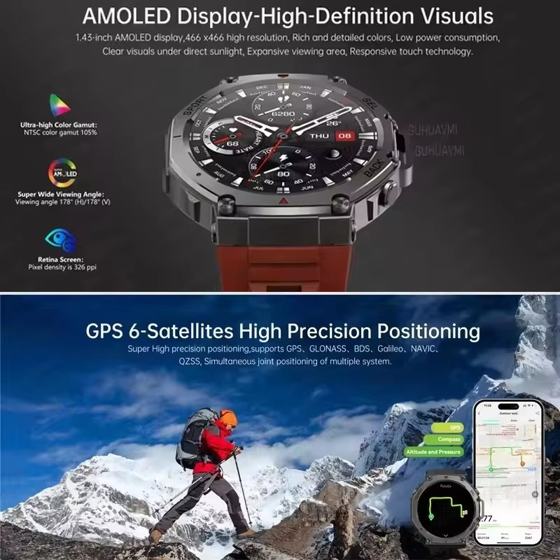T-Rex 3 Built-in Dual-band GPS Military SmartWatch Men Compass Altimeter Barometric 10ATM&IP69K Waterproof 170+ Sport Smartwatch
