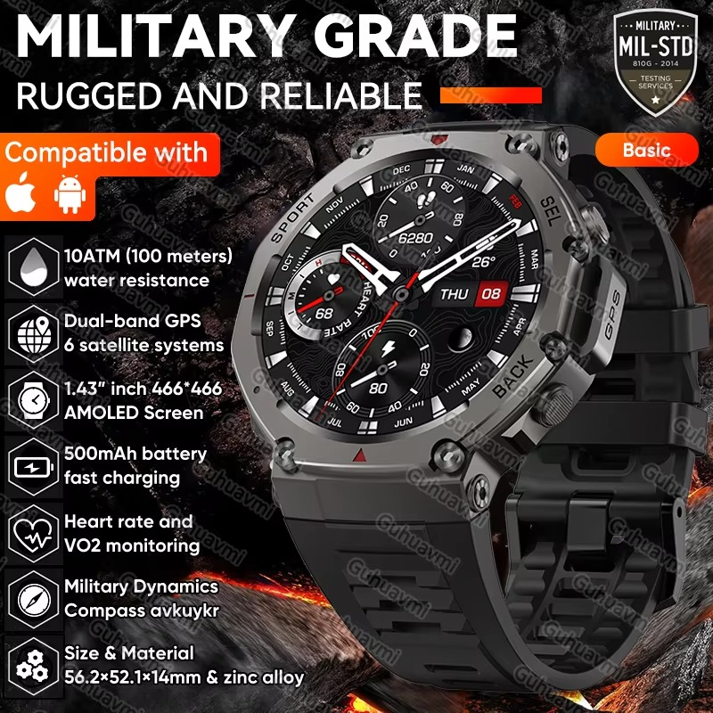 T-Rex 3 Built-in Dual-band GPS Military SmartWatch Men Compass Altimeter Barometric 10ATM&IP69K Waterproof 170+ Sport Smartwatch