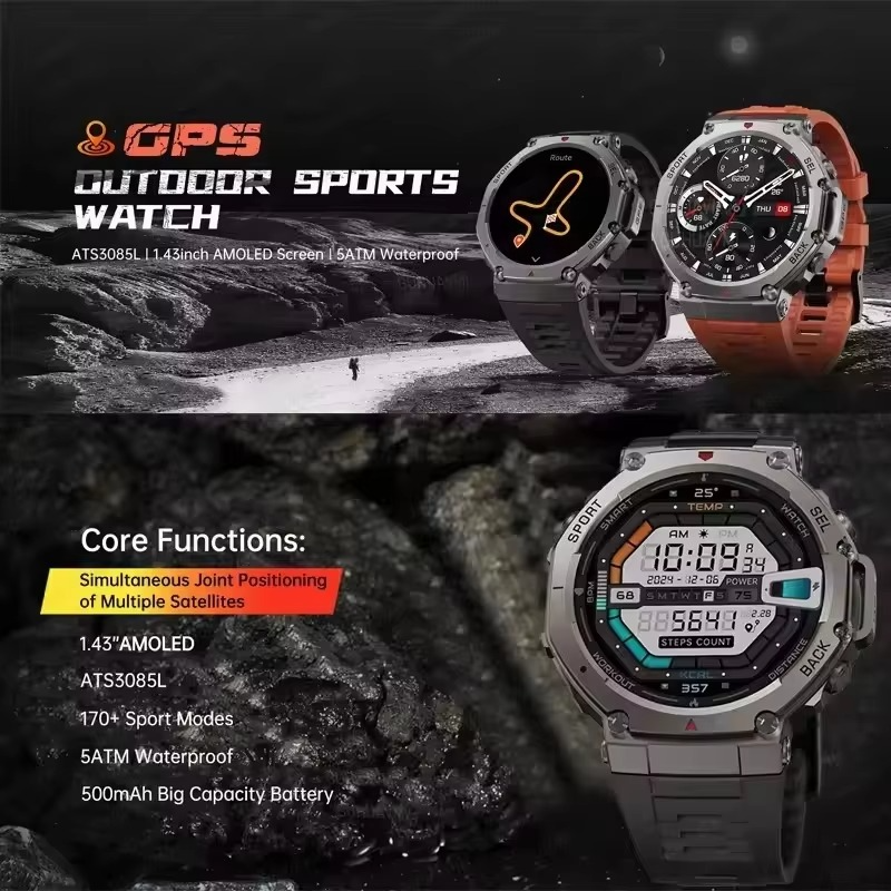 T-Rex 3 Built-in Dual-band GPS Military SmartWatch Men Compass Altimeter Barometric 10ATM&IP69K Waterproof 170+ Sport Smartwatch