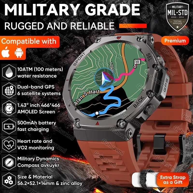 T-Rex 3 Built-in Dual-band GPS Military SmartWatch Men Compass Altimeter Barometric 10ATM&IP69K Waterproof 170+ Sport Smartwatch