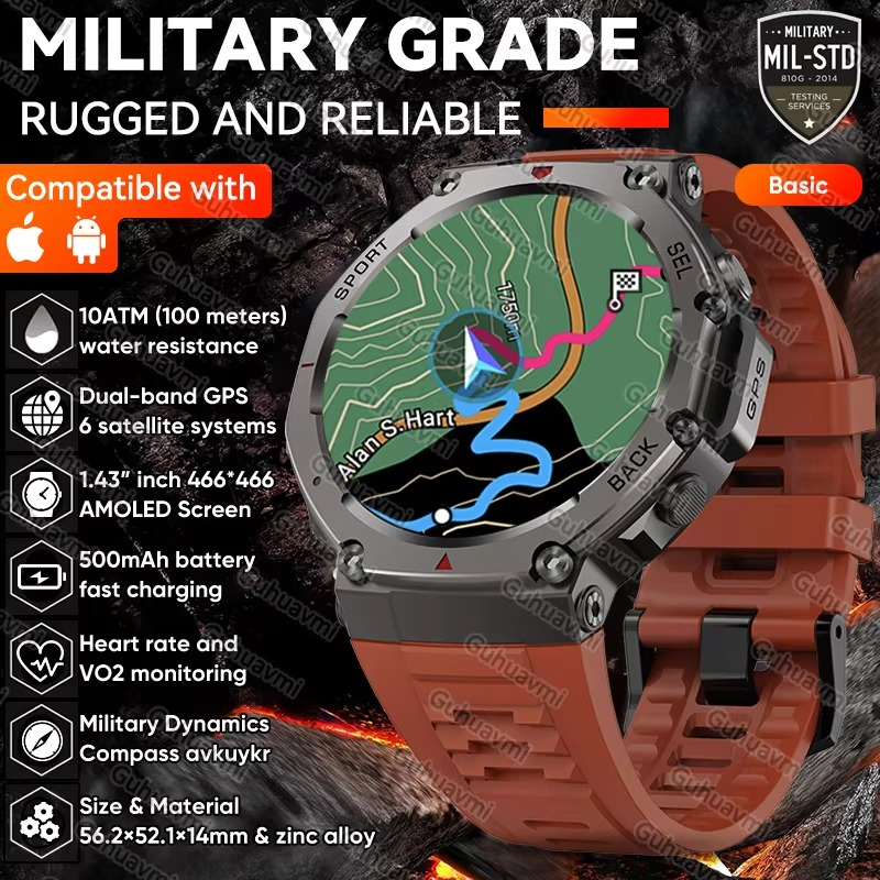T-Rex 3 Built-in Dual-band GPS Military SmartWatch Men Compass Altimeter Barometric 10ATM&IP69K Waterproof 170+ Sport Smartwatch