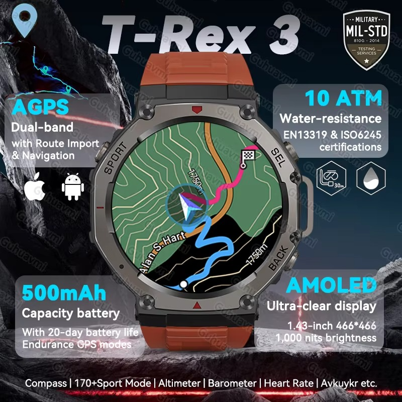 T-Rex 3 Built-in Dual-band GPS Military SmartWatch Men Compass Altimeter Barometric 10ATM&IP69K Waterproof 170+ Sport Smartwatch