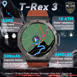 T-Rex 3 Built-in Dual-band GPS Military SmartWatch Men Compass Altimeter Barometric 10ATM&IP69K Waterproof 170+ Sport Smartwatch