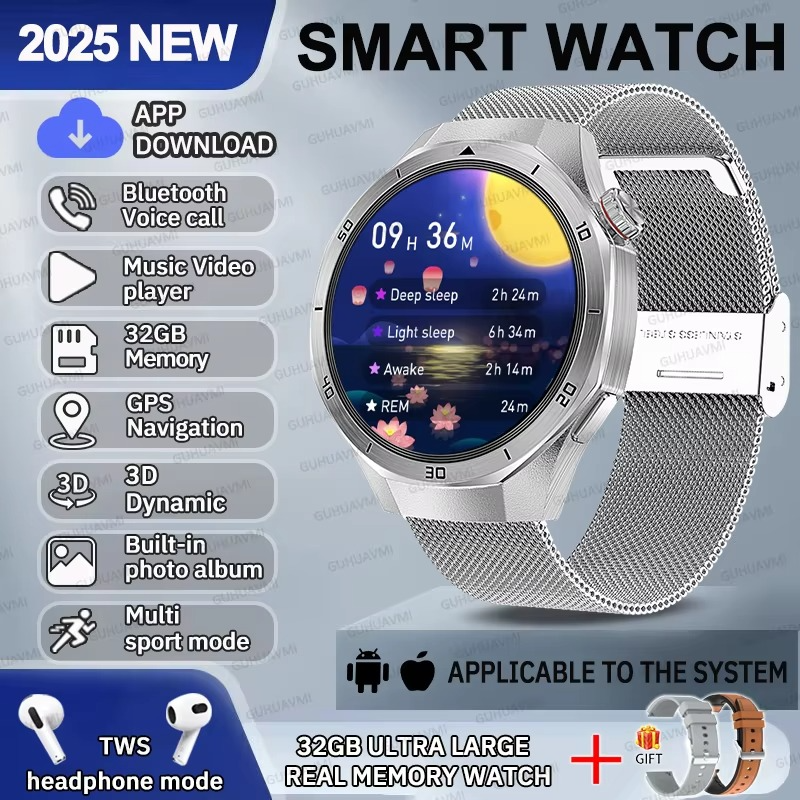 2025 Fashion 32GB Big Memory Men Smart Watch APP Download TWS 3D Menu GPS Navigation Video Play Motion HD Call Watch For HUAWEI