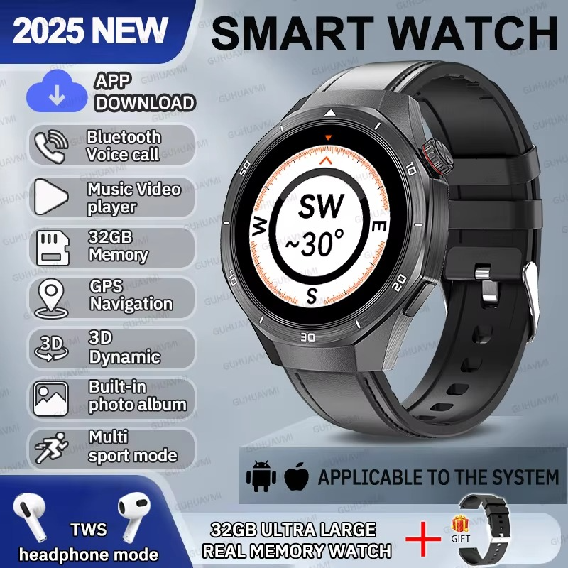2025 Fashion 32GB Big Memory Men Smart Watch APP Download TWS 3D Menu GPS Navigation Video Play Motion HD Call Watch For HUAWEI