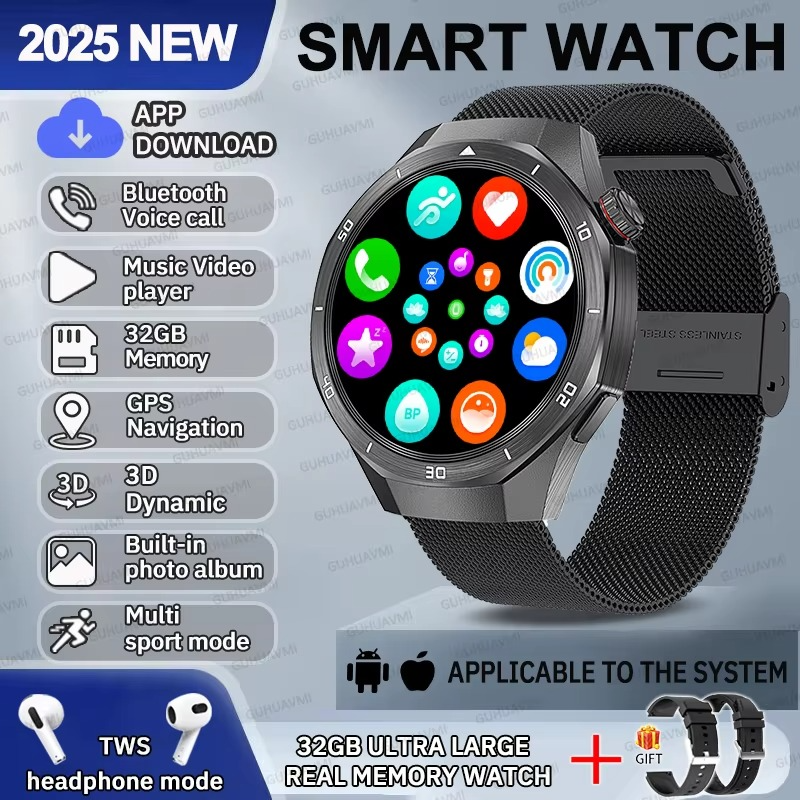 2025 Fashion 32GB Big Memory Men Smart Watch APP Download TWS 3D Menu GPS Navigation Video Play Motion HD Call Watch For HUAWEI