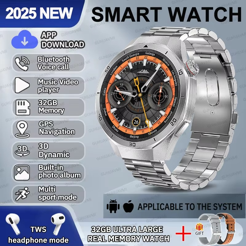 2025 Fashion 32GB Big Memory Men Smart Watch APP Download TWS 3D Menu GPS Navigation Video Play Motion HD Call Watch For HUAWEI