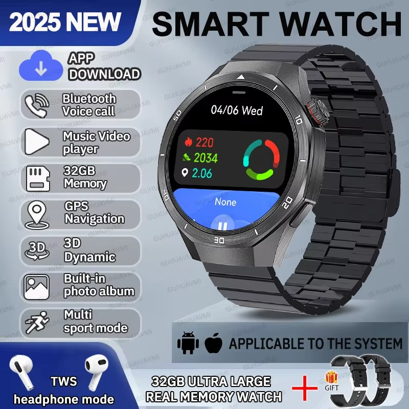 2025 Fashion 32GB Big Memory Men Smart Watch APP Download TWS 3D Menu GPS Navigation Video Play Motion HD Call Watch For HUAWEI
