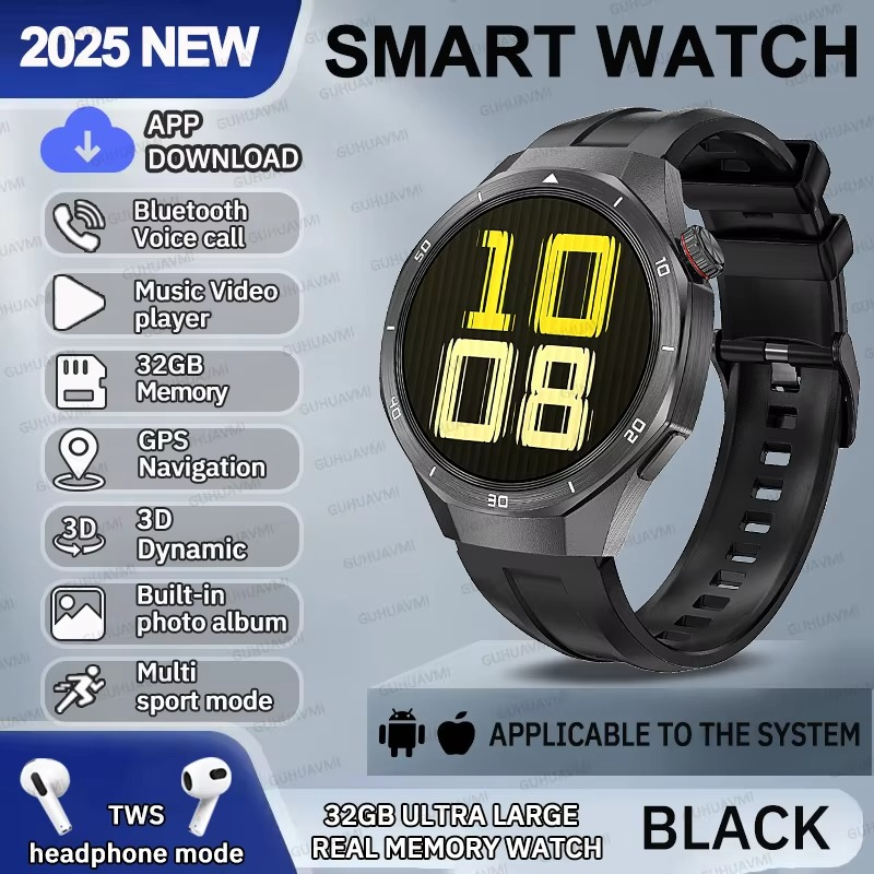 2025 Fashion 32GB Big Memory Men Smart Watch APP Download TWS 3D Menu GPS Navigation Video Play Motion HD Call Watch For HUAWEI