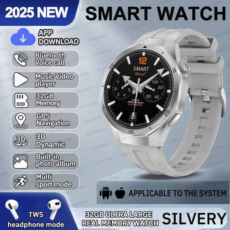 2025 Fashion 32GB Big Memory Men Smart Watch APP Download TWS 3D Menu GPS Navigation Video Play Motion HD Call Watch For HUAWEI