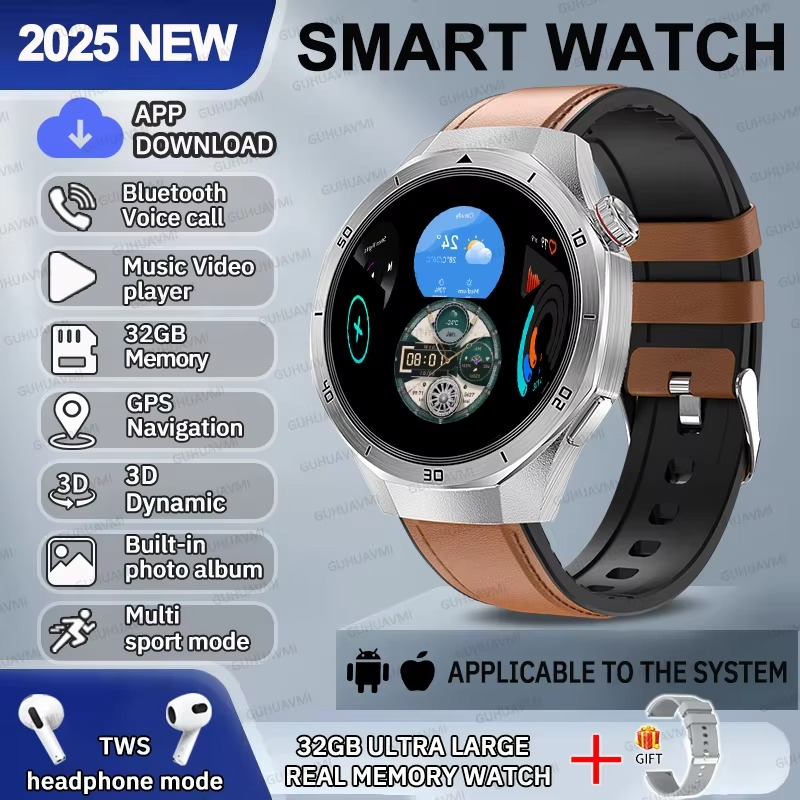 2025 Fashion 32GB Big Memory Men Smart Watch APP Download TWS 3D Menu GPS Navigation Video Play Motion HD Call Watch For HUAWEI