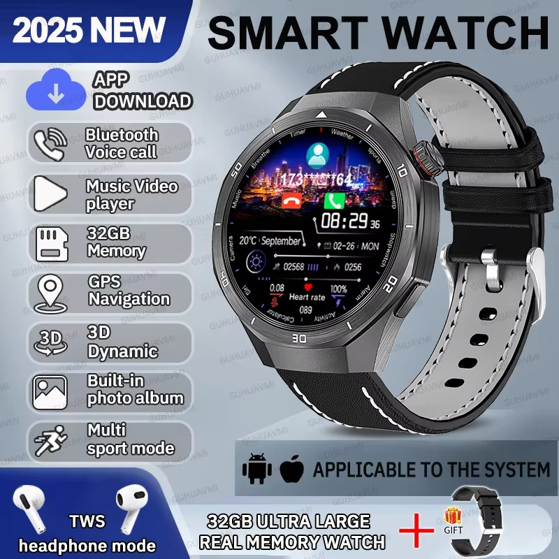 2025 Fashion 32GB Big Memory Men Smart Watch APP Download TWS 3D Menu GPS Navigation Video Play Motion HD Call Watch For HUAWEI