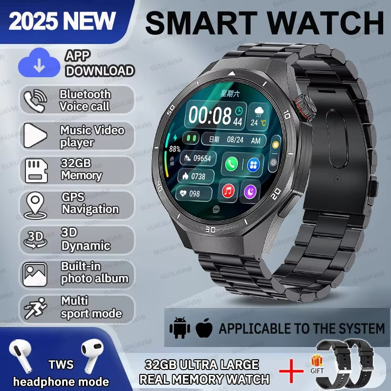 2025 Fashion 32GB Big Memory Men Smart Watch APP Download TWS 3D Menu GPS Navigation Video Play Motion HD Call Watch For HUAWEI