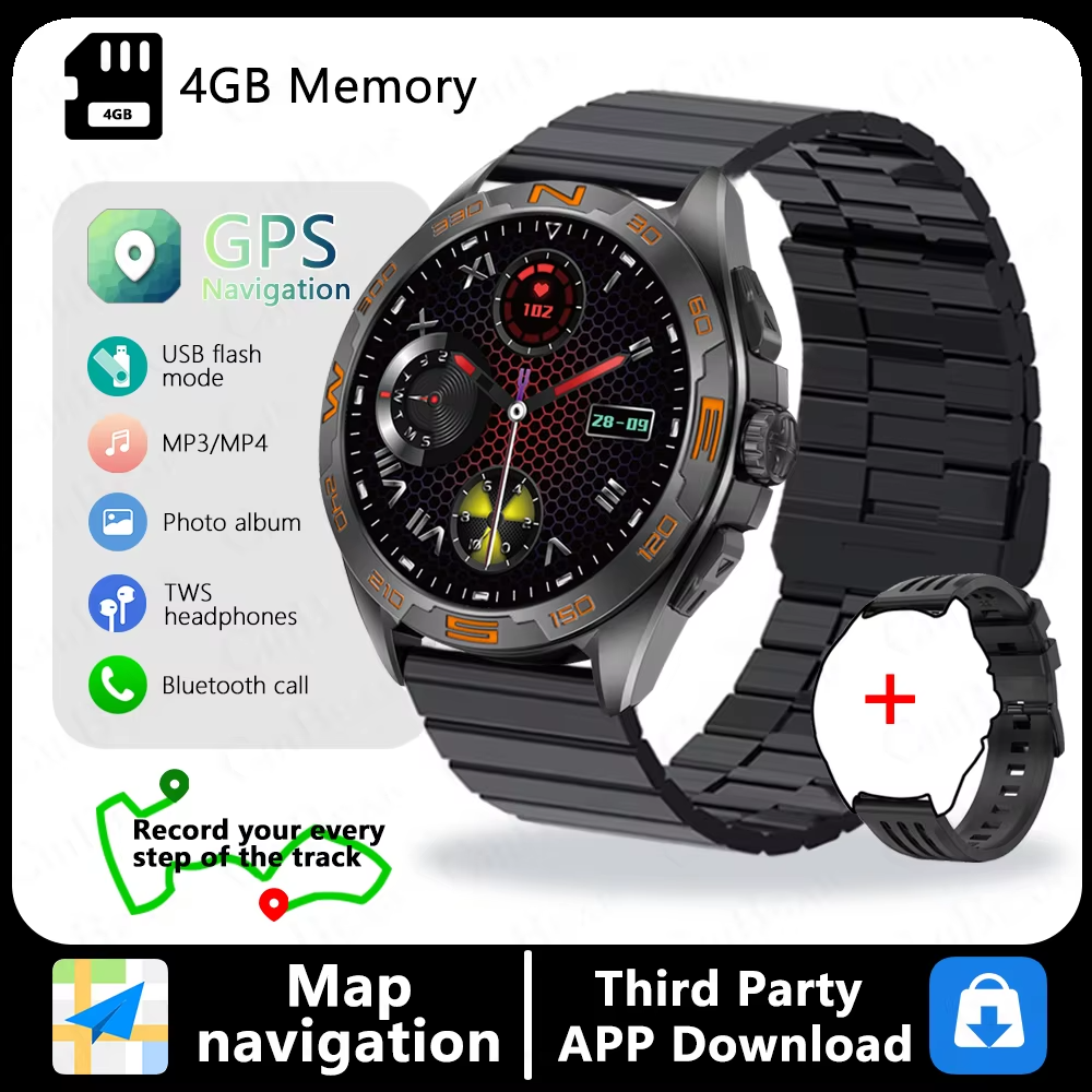 2025New GPS Smart Watch Maps Navigation 1.43inch AMOLED Screen 4GB Large Memory TWS Headset Bluetooth Call Sports Smartwatch Man