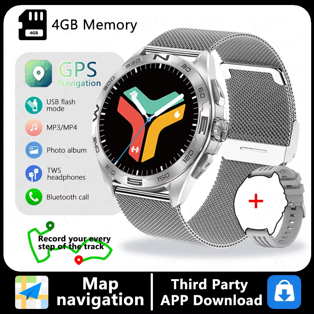 2025New GPS Smart Watch Maps Navigation 1.43inch AMOLED Screen 4GB Large Memory TWS Headset Bluetooth Call Sports Smartwatch Man
