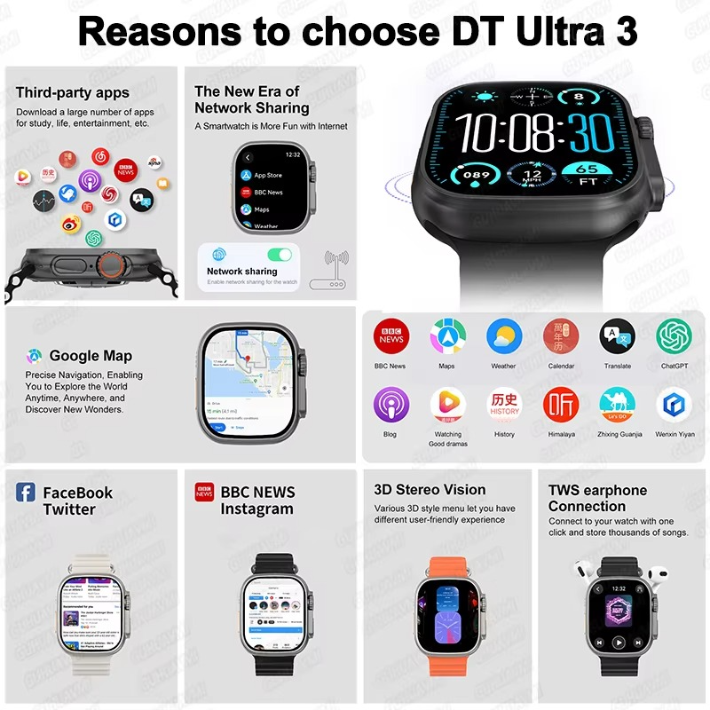 DT Ultra 3 Smartwatch Amoled Screen 4GB MP3 MP4 Player Bluetooth Network Sharing APP Store ChatGPT Smart AI Watch Men Sportwatch