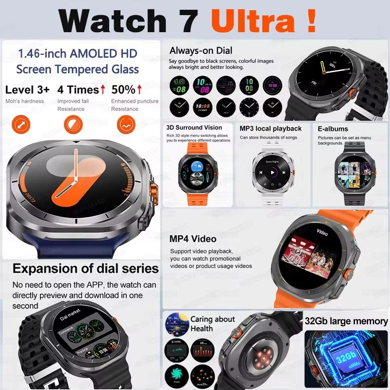 2025 For Samsung New Watch Ultra Smartwatch 32G Memory Video GPS NFC AMOLED Fitness Sport Health Watches TWS Earphone mode Clock