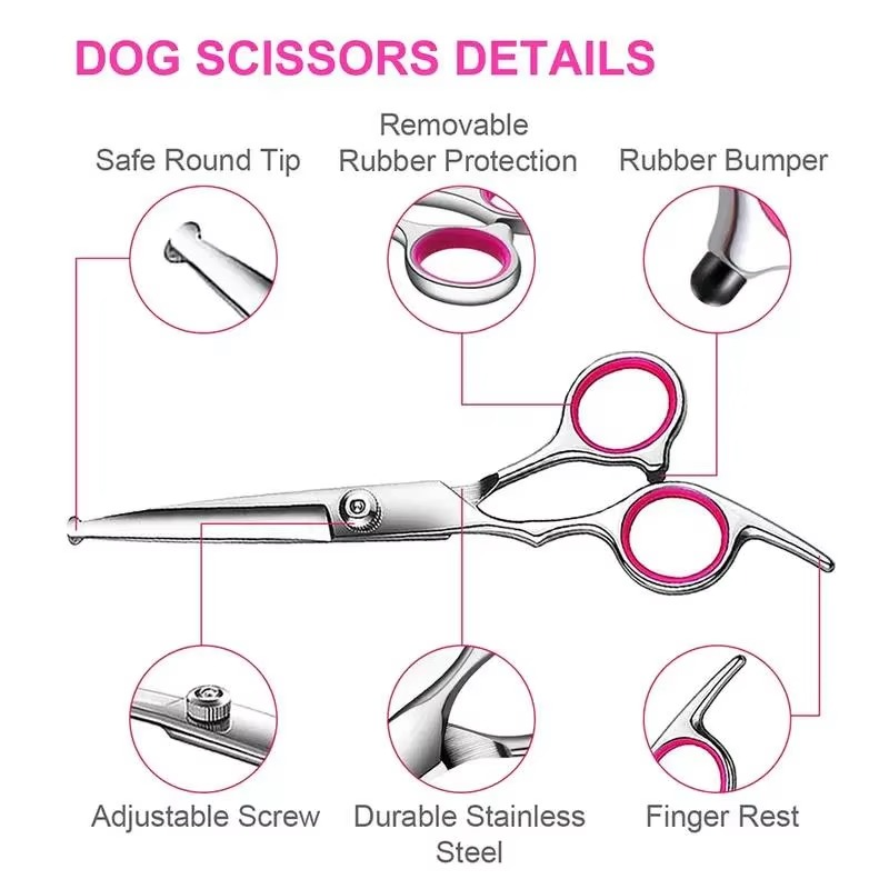 Dog Grooming Scissors Set With Safety Round Tips, Sharp And Durable Titanium Coated Professional Dog Grooming Kit For Dog Cat