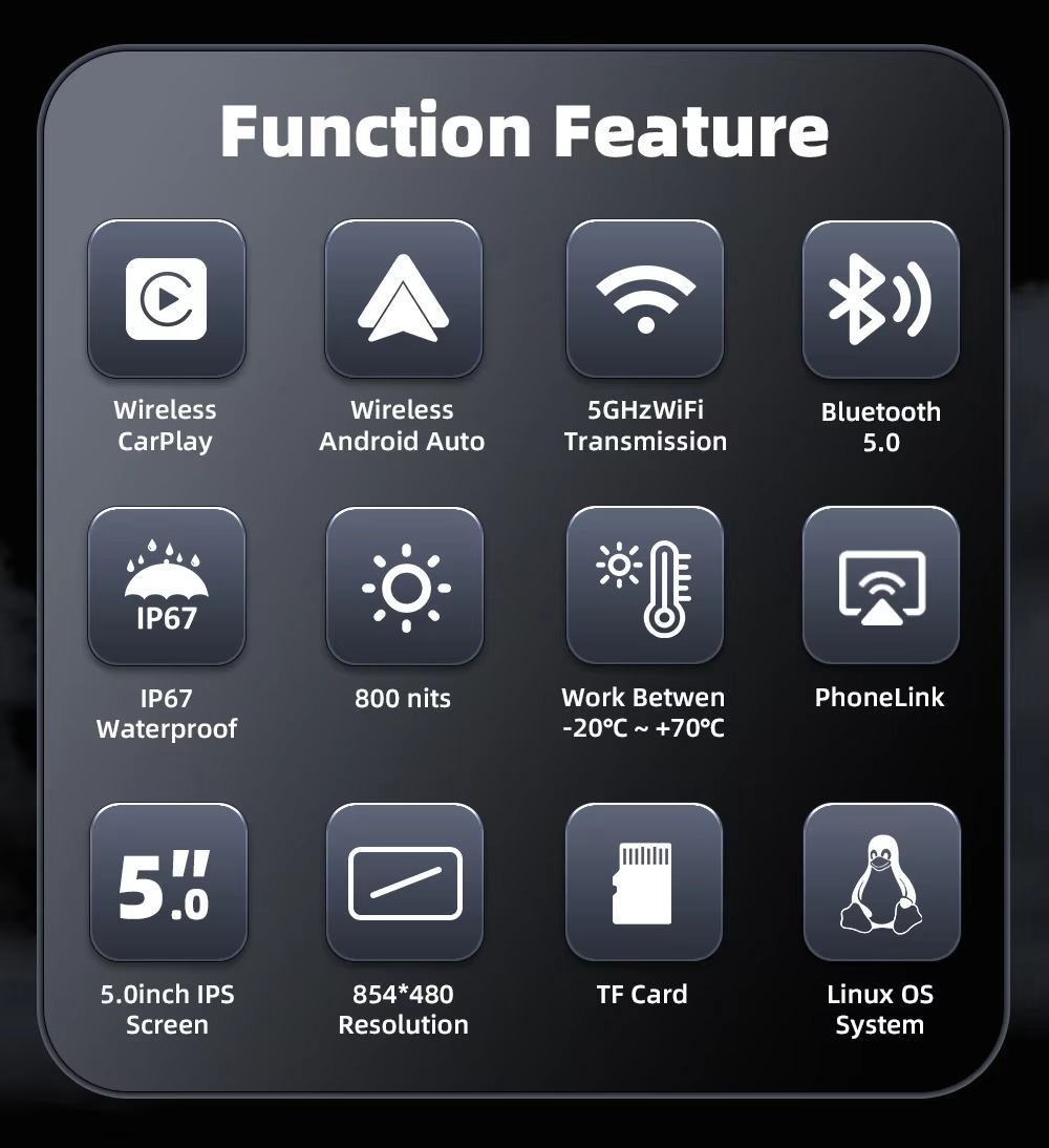 5 Inch Motorcycle Portable Navigation GPS Wireless Carplay Android Auto IP67 Waterproof Motorcycle Touch Screen Display
