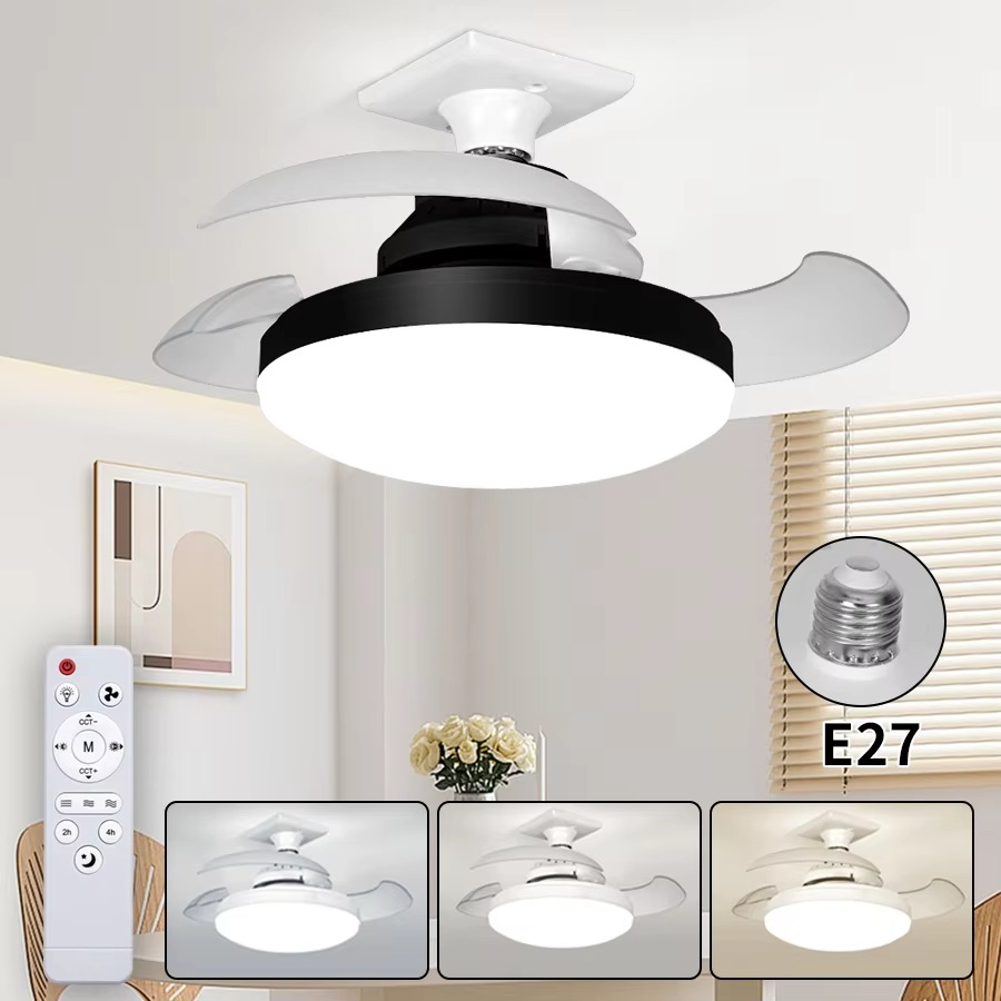 LED E27 Ceiling Fan Lights with Remote Control Silent Dimmable Timer Function Invisible Fan Light for Living Room Bedroom Office