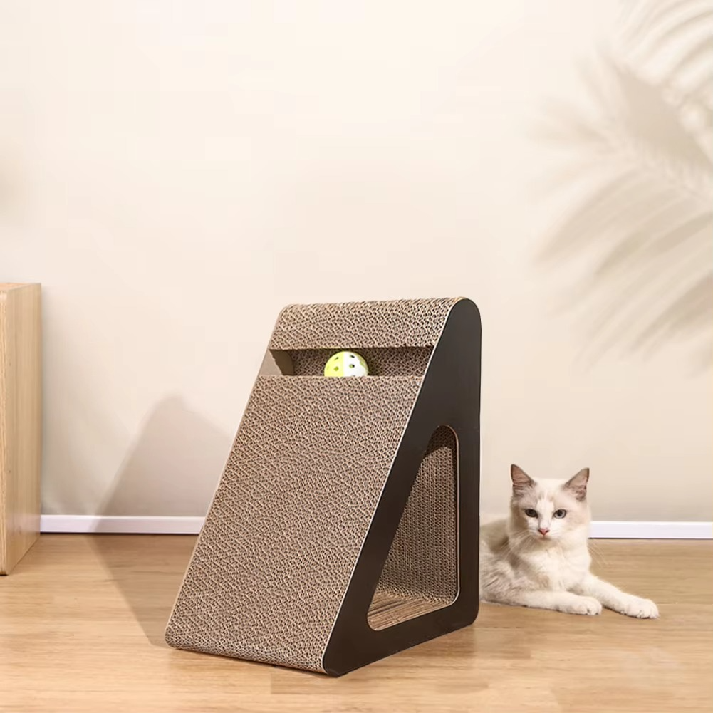 2 In 1 Cat Scratcher Cardboard Triangles Shaped With Spinnings Balls Sturdy Anti-Scratch Relieves Cat Stress Toy For Pet Use